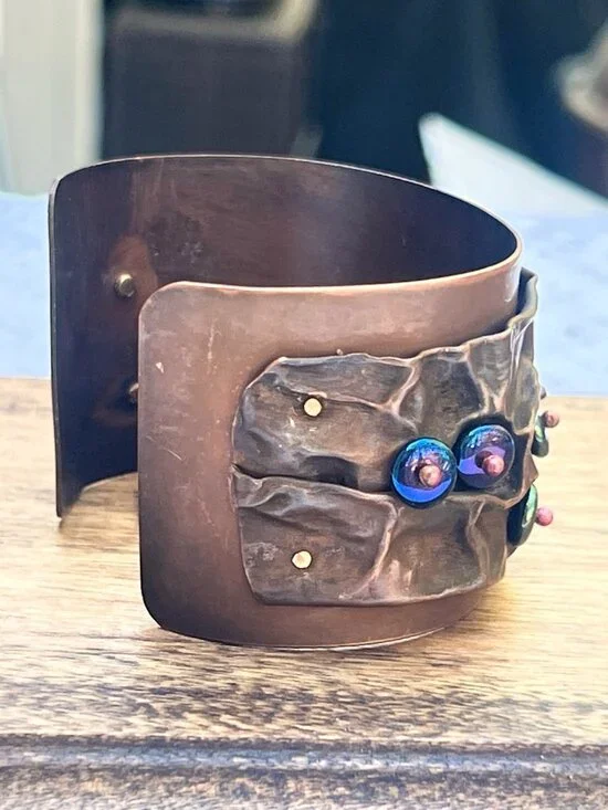 Stunning Handcrafted Beaded Copper Cuff Bracelet With Iridescent Glass Accents - Picture 2 of 6